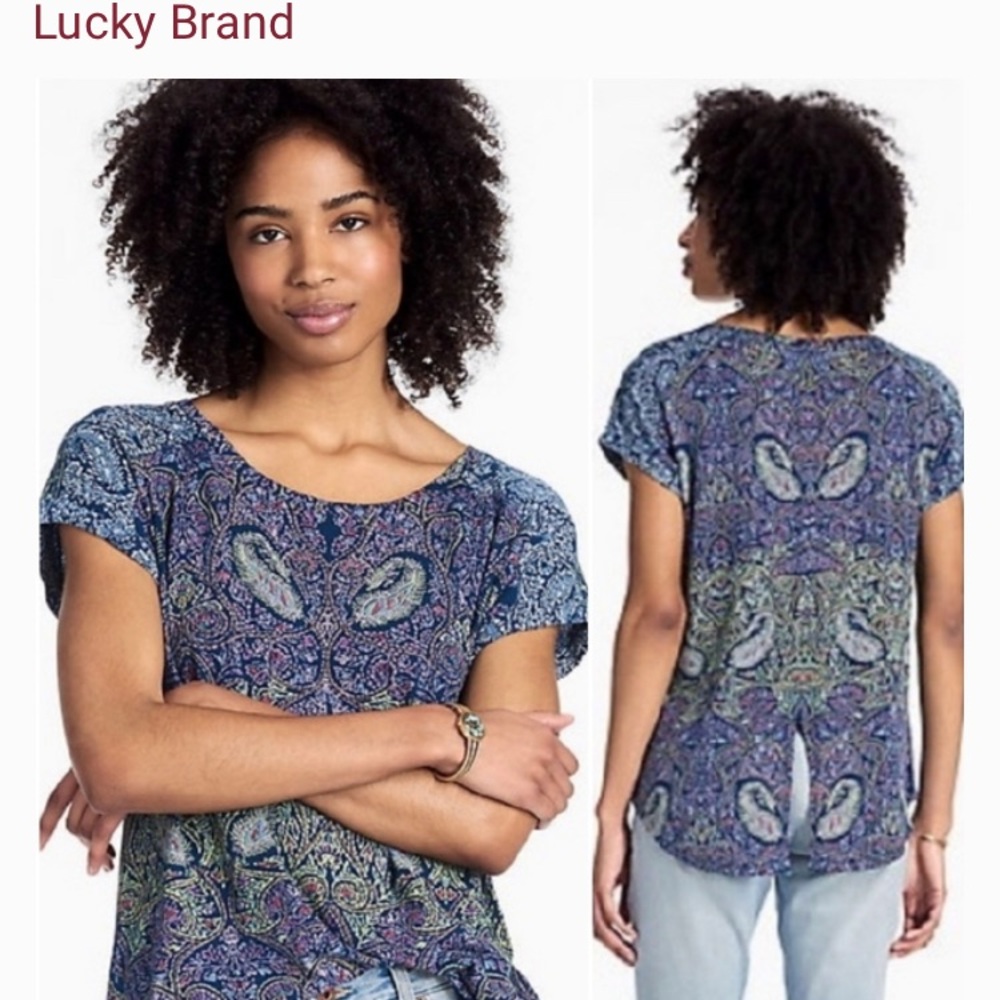 Lucky Brand Blue Paisley Top with Split Back Size Medium